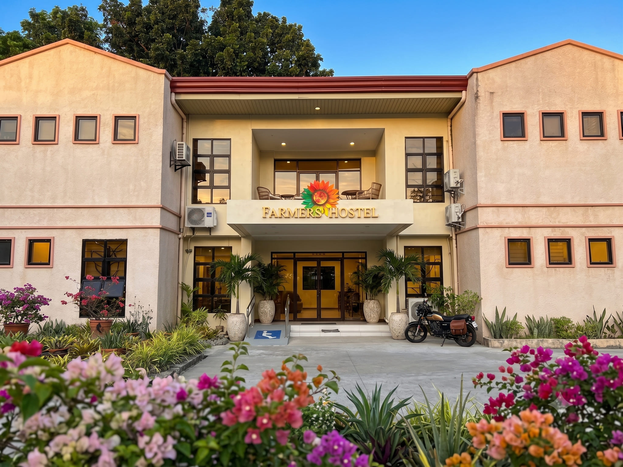 Farmers Hostel exterior in the evening